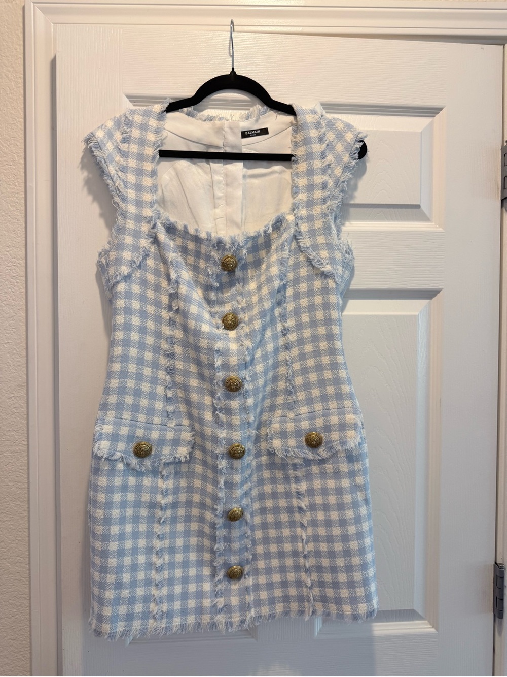 Balmain Light Blue and White Gingham Tweed Dress with Frayed Trim